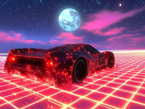Retro Futuristic Car on Neon Grid Highway.