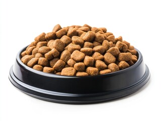 A white bowl filled with dog kibble on a clean surface