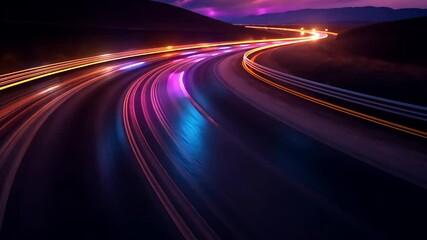 Night highway with vibrant light streaks