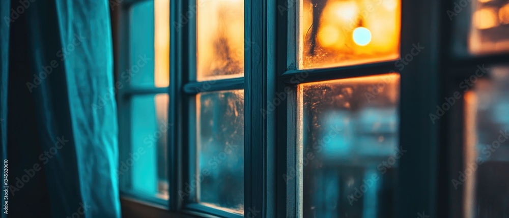 Poster A close-up view of a window with a curtain, suitable for use in interior design or architecture contexts
