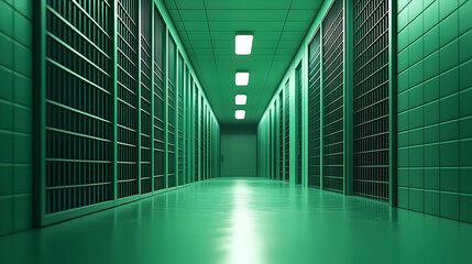 Green Data Server Room Perspective Showing Racks and Equipment Under Bright Lighting