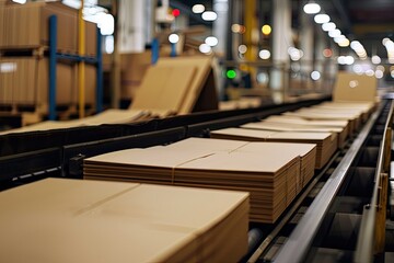 High Resolution Picture of Conveyor Belt with Brown Paper Sheets in Facility