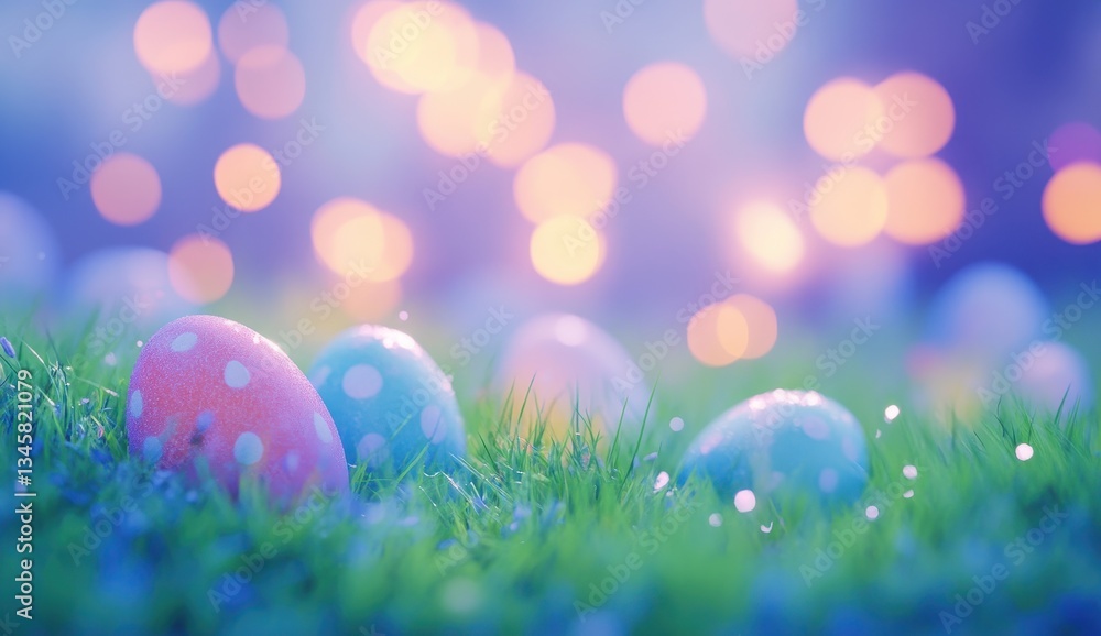 Poster colorful easter eggs on lush green grass with bokeh effect and soft glowing lights in background for