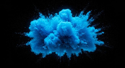 Blue smoke explosion on black background for product advertisement, creative designs, web header, banner creation, wallpaper, backdrop, abstract cloud concept