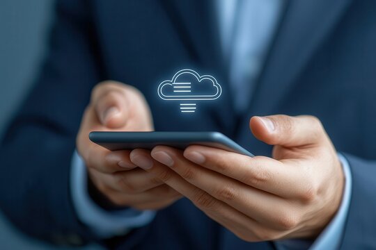 Technology 5G networks wireless streaming. Man holding a smartphone with a cloud symbol representing technology.