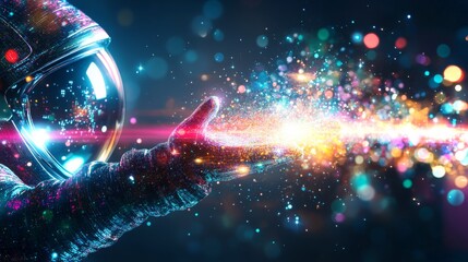 Astronaut's gloved hand reaches out to touch the cosmos in stunning colorful display