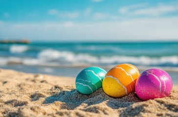 Obraz premium Colorful Easter eggs on sandy beach with vibrant ocean waves and clear blue sky, perfect for springtime holiday celebrations and seasonal themes