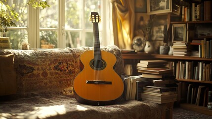 A classical guitar resting indoors beside a window with books