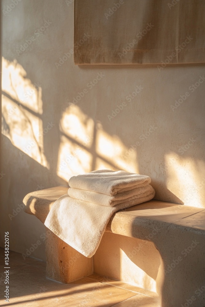 Poster a stack of colorful towels resting on a natural stone bench