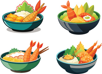 Delicious tempura bowls with shrimp and vegetables.
