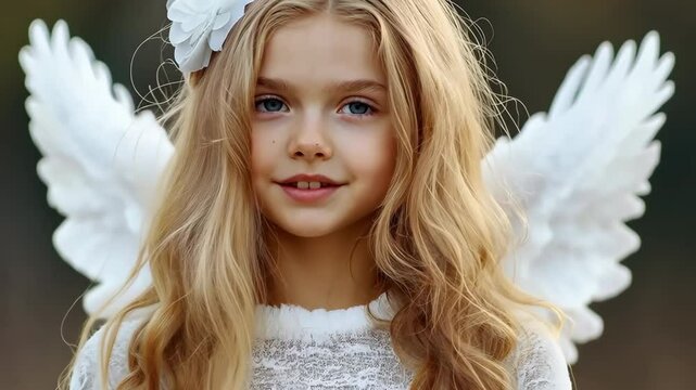 A young girl with blonde hair and a white angel winged headdress