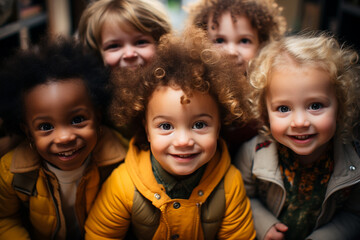  From above, a panoramic perspective a group of young toddlers gathered indoors, their tiny hands interlocked in perfect harmony