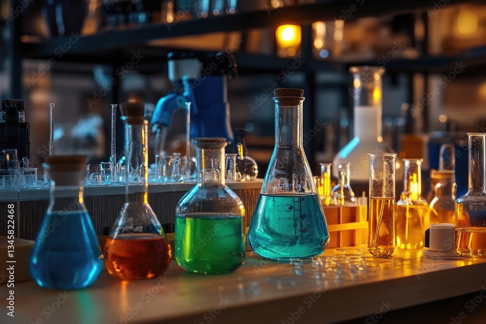 Poster a row of laboratory flasks filled with colored liquids for scientific research and experimentation