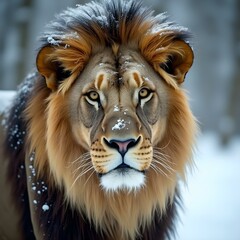 Majestic lion covered in snow, staring into the distance