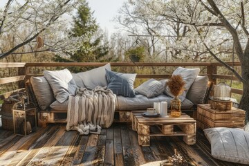 High Definition Image of Cozy Wooden Terrace in Spring Garden