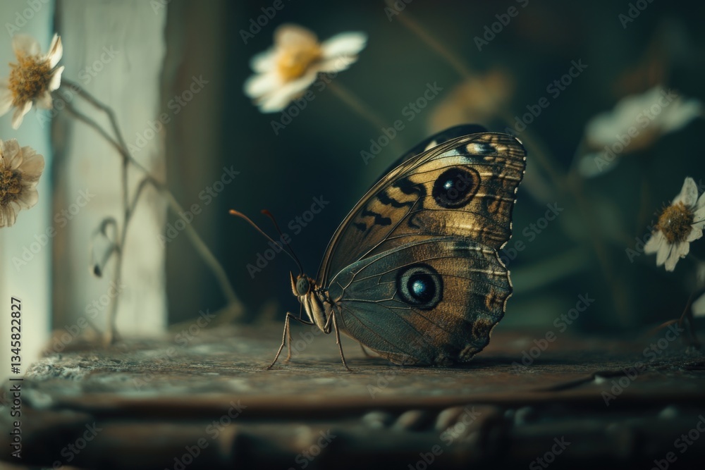 Poster a single butterfly perched on the surface of a wooden table