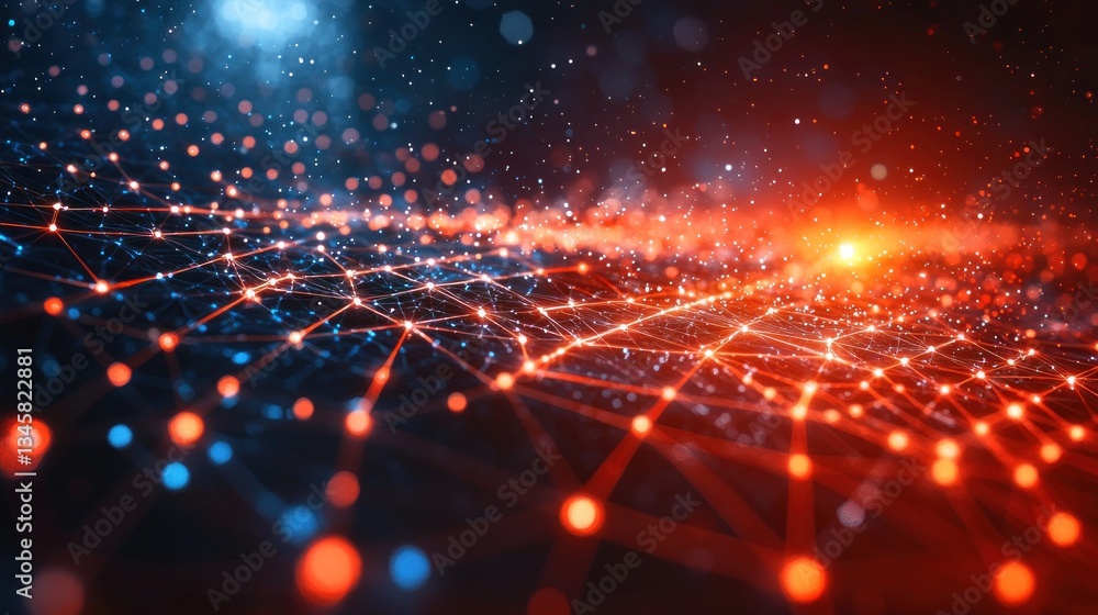 Aufkleber abstract digital network with connected points and red orange glow