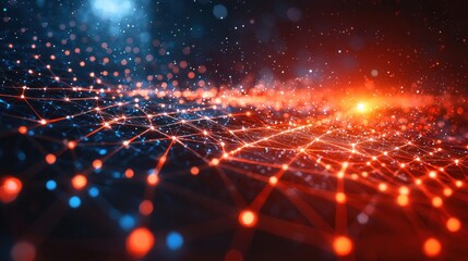 Abstract digital network with connected points and red orange glow