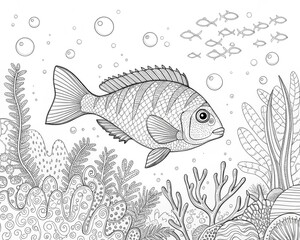Fototapeta premium cute fish coloring page for kids, coloring page of a fish, Anti-stress for adults, black and white doodle, coloring page, Coloring Book Page