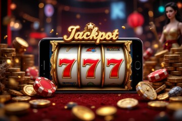 A mobile phone displays a slot machine with a jackpot winning