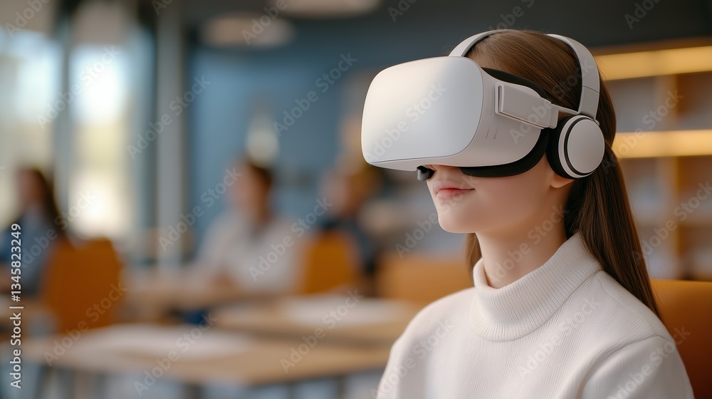 Poster student engages in immersive learning experience in a futuristic classroom with virtual reality tech
