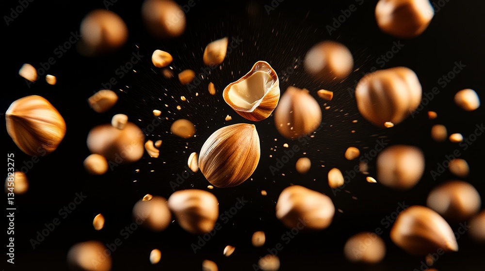 Poster close up of nuts flying through the air. the nuts are scattered in various directions, some are brok