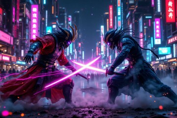 Obraz premium Two armored warriors are fighting with glowing swords in the city