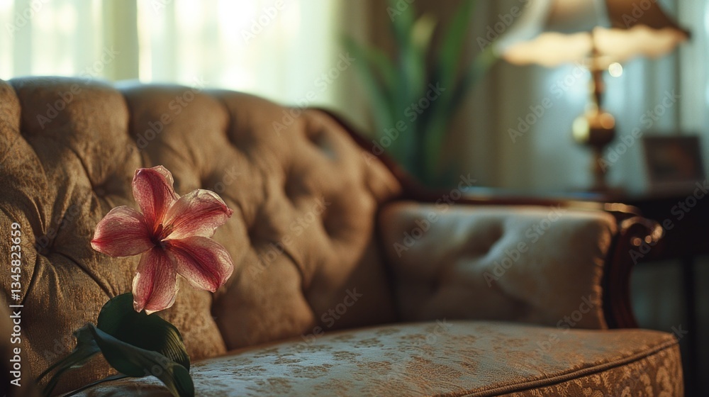 Poster a delicate pink flower sits in a vase on a comfortable-looking couch, perfect for adding a touch of 