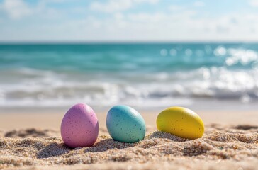 Obraz premium Colorful Easter eggs resting on sandy beach with gentle waves and blue sky in background, capturing the essence of spring and outdoor celebration
