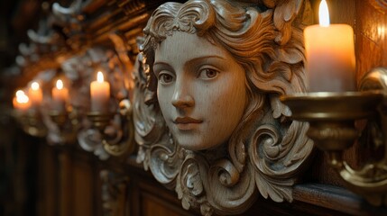Ornate wooden carved face, antique d?cor with candles
