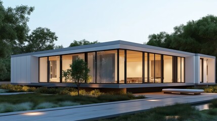 Fototapeta premium Smart house featuring energy-efficient technology in a modern landscape with minimalistic design and natural surroundings