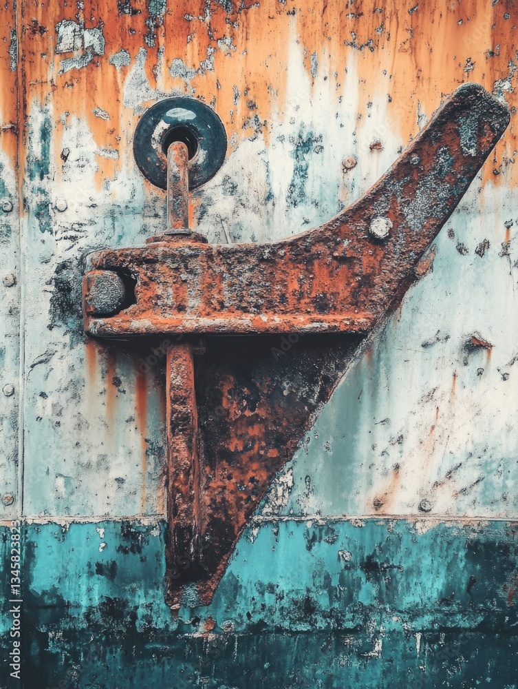 Poster old and abandoned metal object attached to a rusty wall
