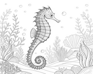 cute seahorse coloring page for kids, coloring page of a seahorse, Anti-stress for adults, black and white doodle, coloring page, Coloring Book Page