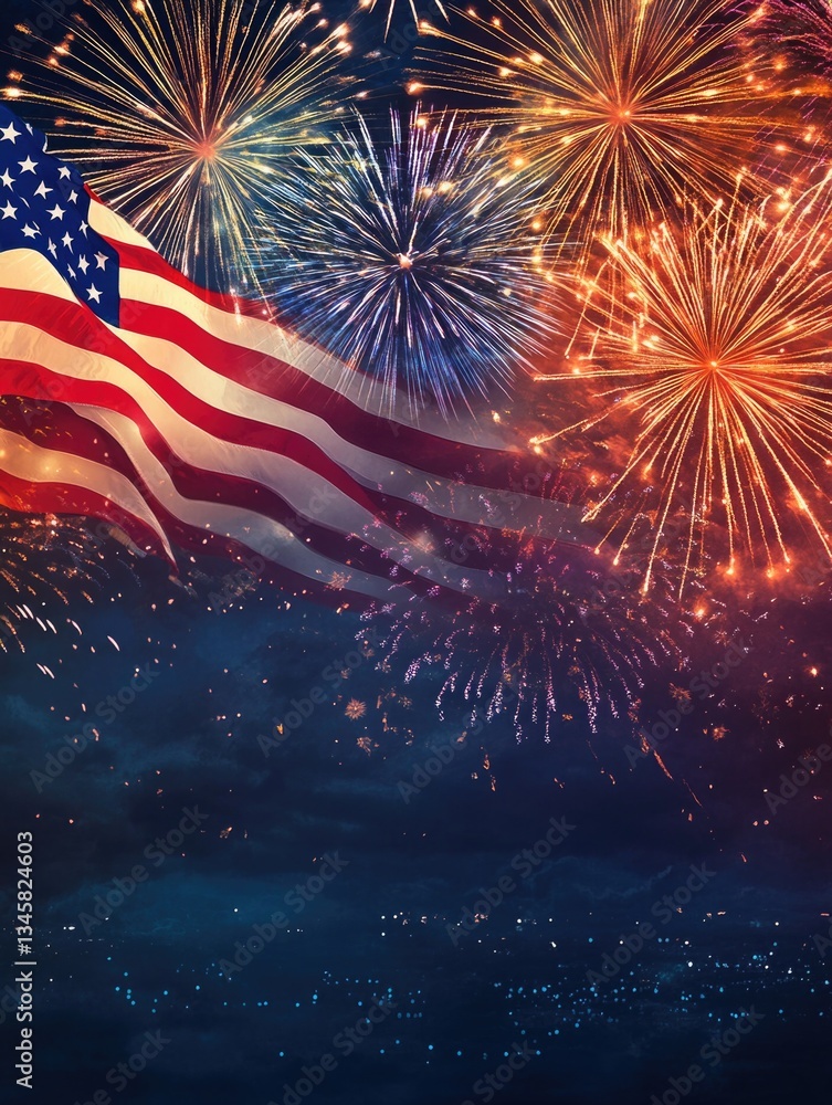 Poster american flag flying high with colorful fireworks exploding in the night sky