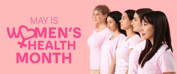 Group of young girls on pink background. Banner for Women's Health Month