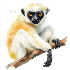 Fototapeta premium Illustration of the Sifaka sitting on the branch, soft watercolor tones, white background, detailed illustration, cartoonish.