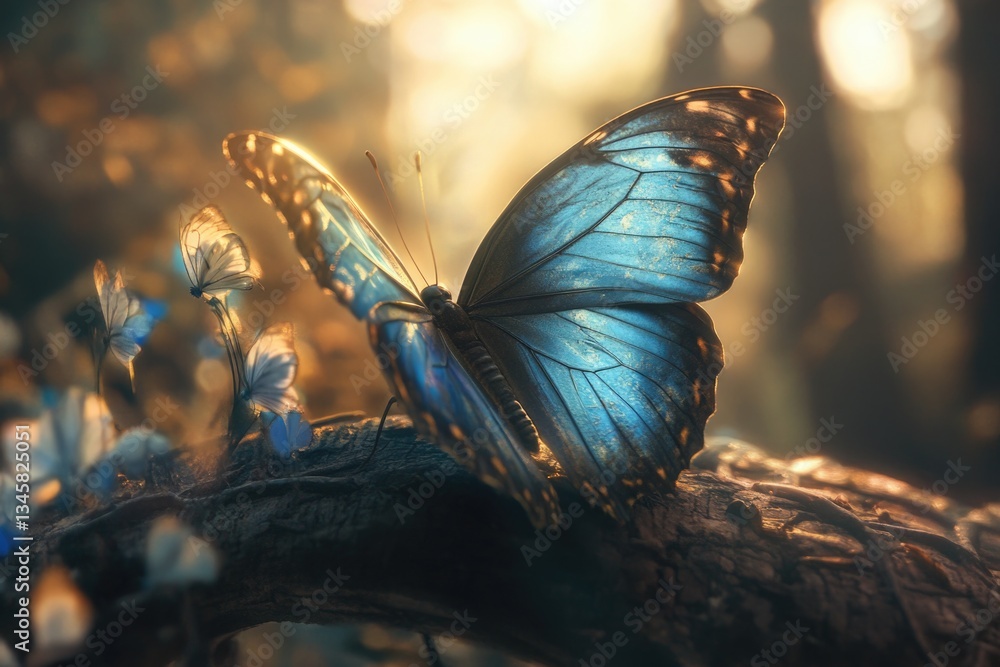 Poster a blue butterfly perched on the tip of a tree branch, surrounded by lush greenery