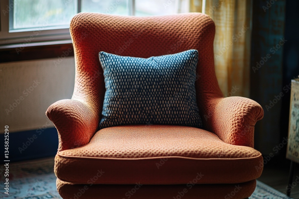 Poster a simple orange chair with a blue pillow placed in front of a window