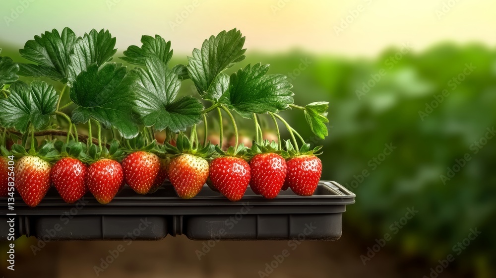 Aufkleber row of strawberries on a tray. the strawberries are ripe and ready to be picked. the tray is placed 