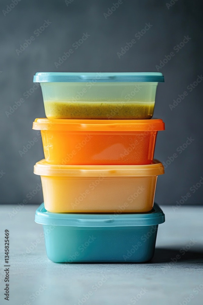 Poster stack of plastic containers sitting on a table, suitable for use in still life photography or produc