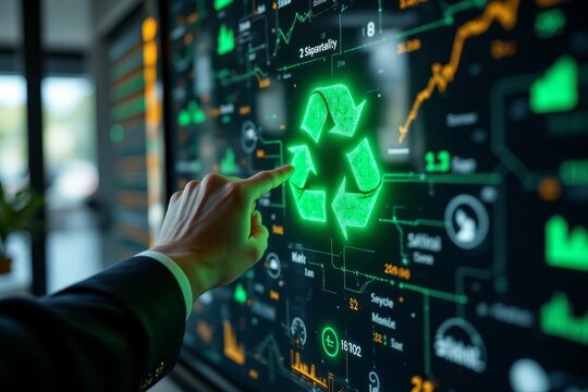 A hand points at the recycling symbol on a large screen display