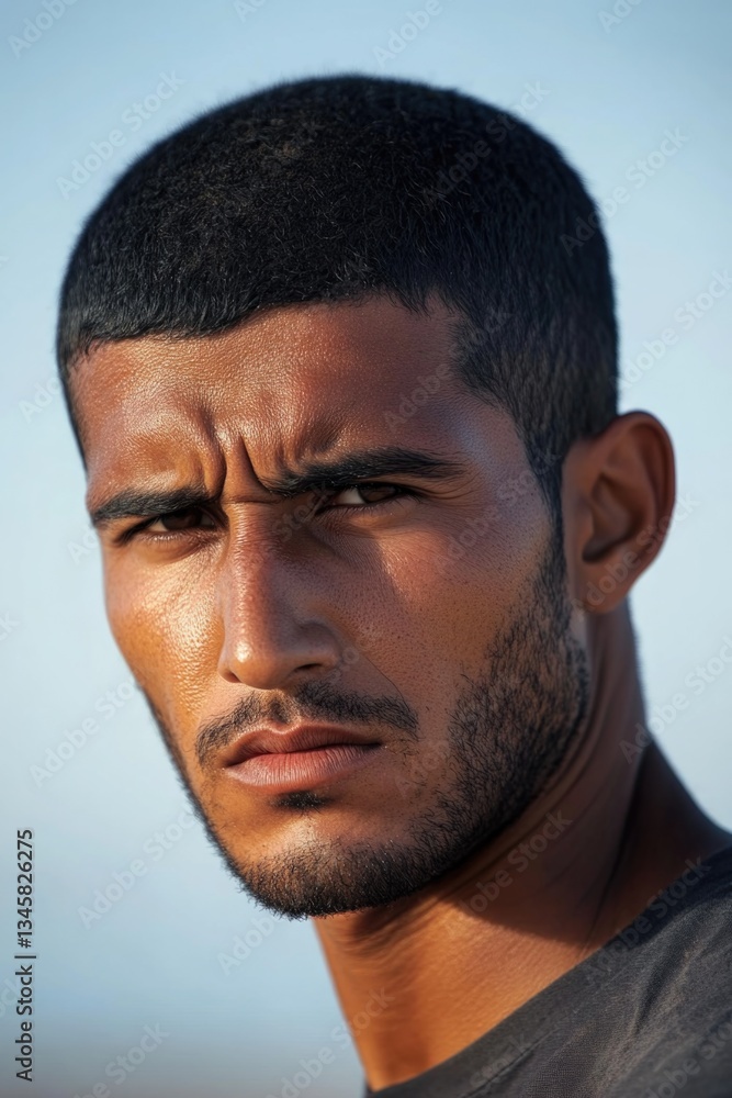 Poster portrait of a man with a solemn face, ideal for use in editorial or commercial contexts where a sens