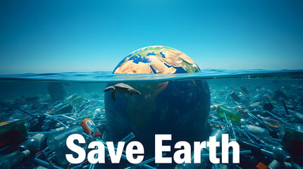 A powerful image of Earth surrounded by plastic waste, emphasizing the urgent need to reduce pollution and protect marine life. The bold "SAVE EARTH" text reinforces the environmental message