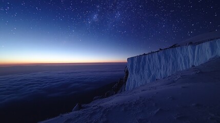 Mountaintop ice cliff at dawn, starlit sky, above clouds