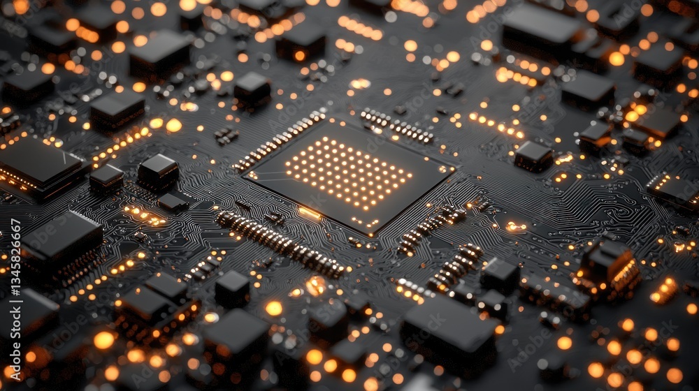 Poster detailed view of a complex printed circuit board and components