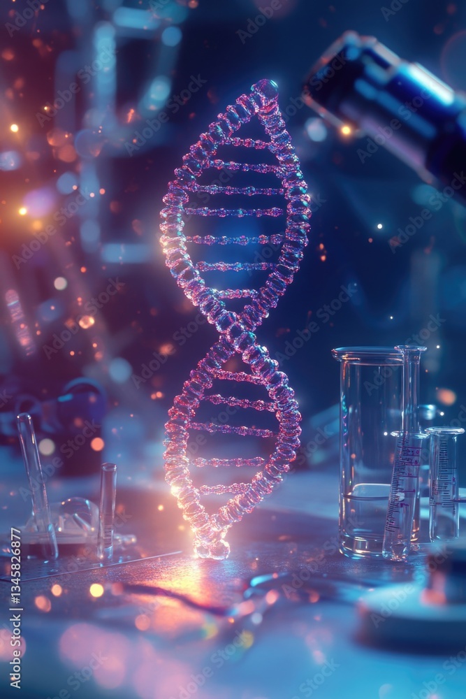 Poster A close-up image of a table with a microscope and a strand of DNA, ideal for science-related projects or educational materials