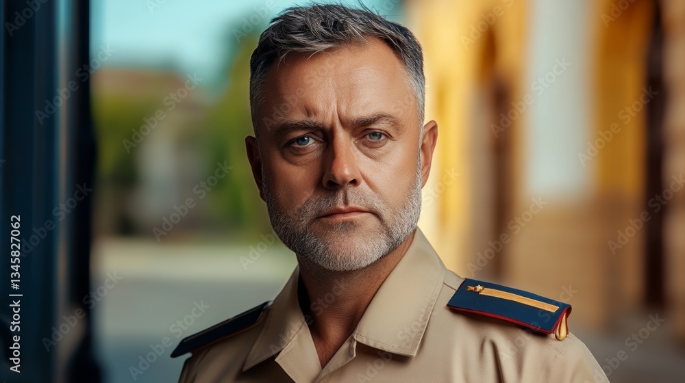 Poster man with a beard and gray hair is standing in front of a building. he is wearing a uniform and has a