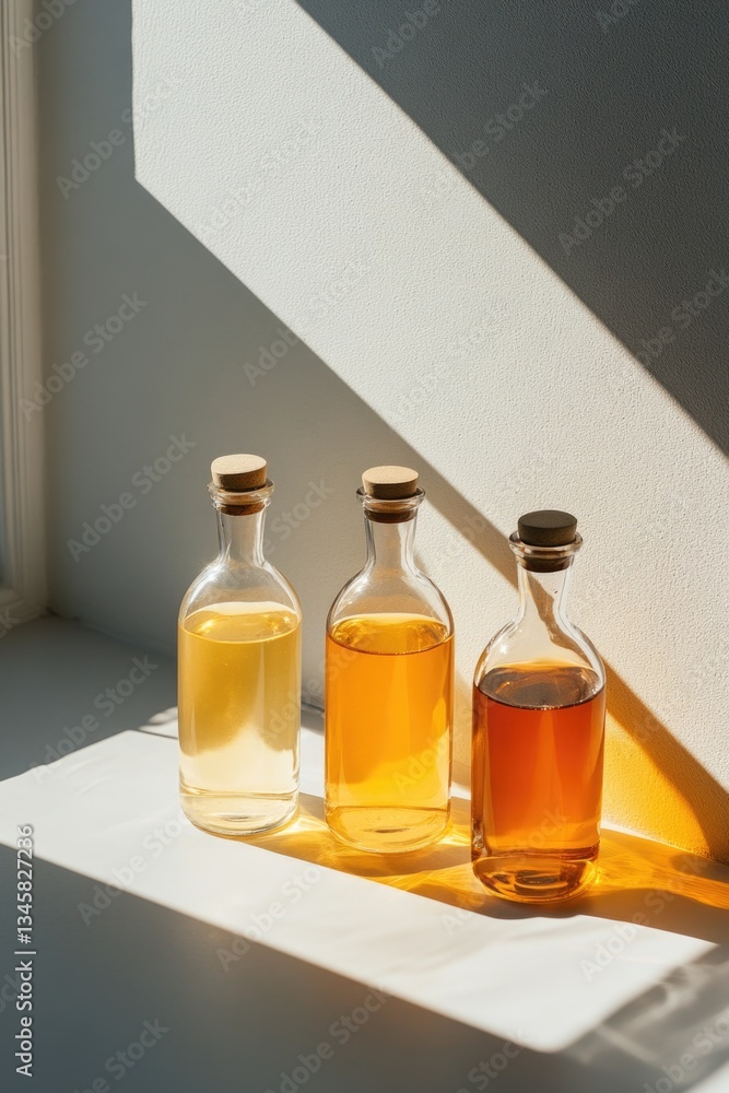 Poster three clear liquids sit on a windowsill, ready for use