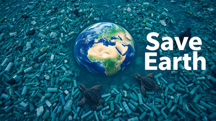 A powerful image of Earth surrounded by plastic waste, emphasizing the urgent need to reduce pollution and protect marine life. The bold "SAVE EARTH" text reinforces the environmental message.