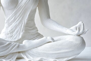 A woman sits cross-legged on a pedestal, depicting the lotus position from yoga or meditation